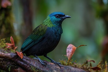 Obraz premium Vibrant iridescent bird perches on mossy branch in lush, dark forest environment