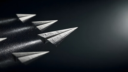 Paper airplane leader formation flying toward light with textured paper and glitter trail creating dynamic inspirational mood