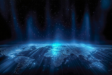 Digital interconnected world map illuminated by glowing data streams and starry night sky