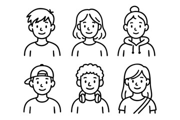 Teenagers and kids cartoon doodle hand drawn avatar icon set in black and white outline style