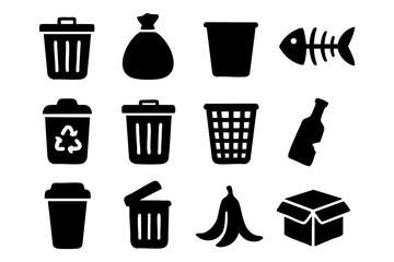 Black and white trash and recycling bin icon set in hand drawn outline silhouette style