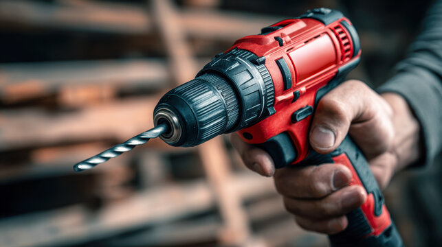 Person holding a red cordless drill with a metal spiral drill bit in a workshop setting, preparing for a construction or diy project task