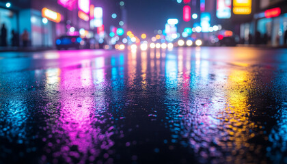 A wet city street at night with colorful neon lights reflecting off the pavement.