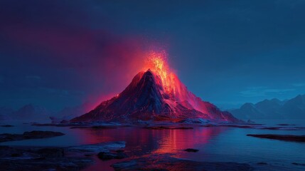 Erupting Volcano at Night