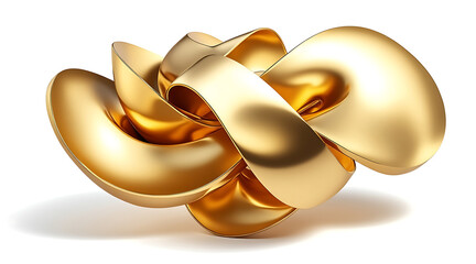 Isometric golden organic form shaped like intertwining ribbon sculpture, smooth metallic surface with warm highlights and soft shadow