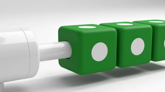 Green dice being turned by a white handle on a pure white background isolated on white background