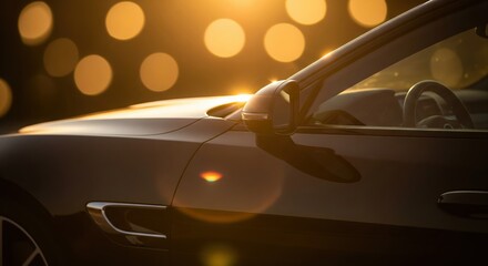 Elegant car silhouette against a shimmering sunset bokeh with warm golden tones