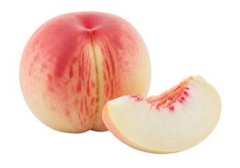 A whole, ripe white peach with fuzzy skin, red blush, distinct cleft, and a perfect slice revealing translucent, juicy flesh, isolated on transparent background, concept of fresh fruit purity