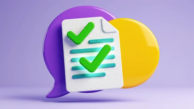3d illustration of a document with a green checkmark on a purple and yellow background