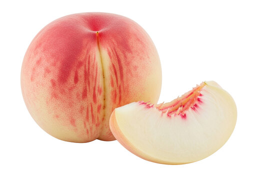 A whole, ripe white peach with fuzzy skin, red blush, distinct cleft, and a perfect slice revealing translucent, juicy flesh, isolated on transparent background, concept of fresh fruit purity