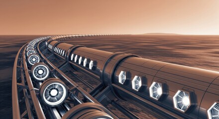Futuristic Pipeline Structure with Lights Over a Vast Landscape at Dusk