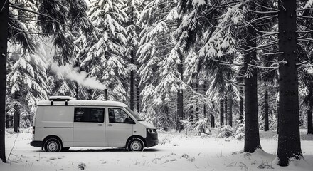 White Van Parked in Winter Forest Surrounded by Snowy Pine Trees and Frosty Landscape