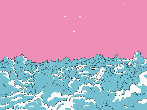 Abstract Vector Illustration of a Pink Night Sky with Light Blue Fluffy Clouda and White Minimalist Stars
