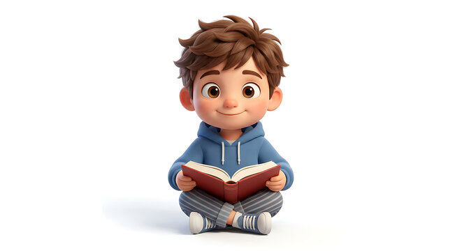 3D Cartoon Child Reading Book Isolated on White Background