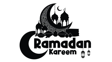 Fototapeta premium Ramadan kareem black silhouette text with crescent moon and lanterns illustration