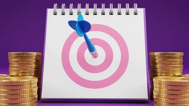 A spiral notepad with a dart hitting a pink target surrounded by stacks of gold coins on a purple background