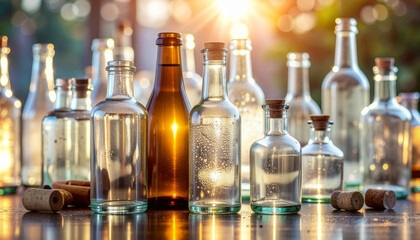 A collection of empty glass bottles and corks on a table in warm sunlight