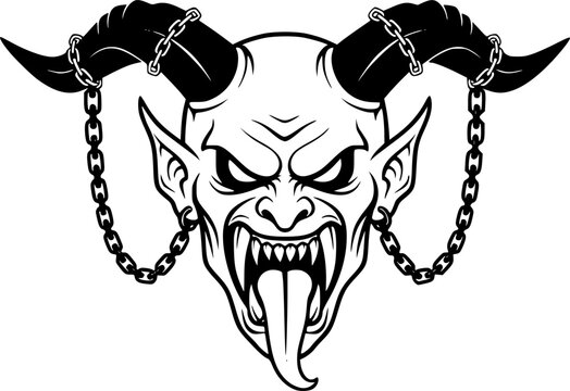 Krampus Head Vector Illustration with Chains and Fangs