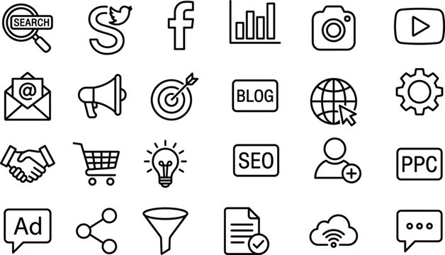 Digital marketing and web icon collection featuring SEO, social media, email, ads, analytics, content, and communication tools for online strategy design.