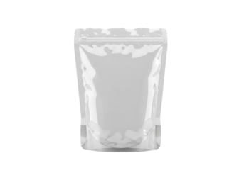Empty, clear, stand-up plastic pouch with a resealable zipper, subtly crumpled, against a transparent background with copy space, high key studio lighting. Blank product packaging mockup