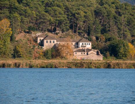 View of the island on Lake Pamvotida and the monastery of St. Nicholas Philanthropinon in Ioannina in the mountains of Epirus in Greece