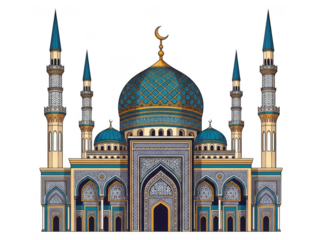 Ornate islamic mosque with blue dome isolated on transparent background