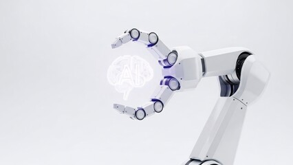 Robotic arm holding digital brain concept on white background artificial intelligence