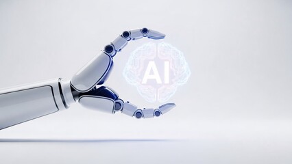 Robotic hand holding ai brain artificial intelligence and technology concept