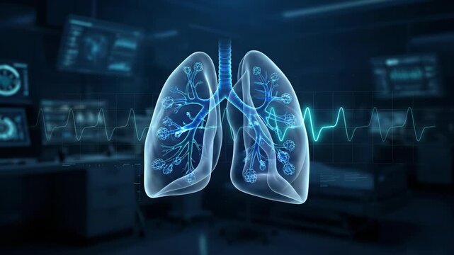 futuristic hologram of human lungs with bronchial tree. digital medical interface and ecg wave background. respiratory system anatomy concept. healthcare presentation, science