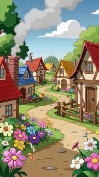 Colorful Cartoon Village Scene With Flowers.