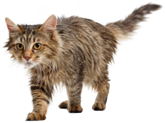 Adorable young tabby kitten with long, fluffy fur and captivating golden eyes is playfully walking forward with a slightly arched back and raised tail, bathed in, isolated on transparent background.