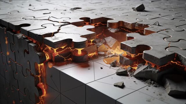 Colossal puzzle constructed from mismatched, incorrect, and impossible pieces fused into a chaotic structure. Heat cracks glow across its surface as the massive form begins to melt and collapse.