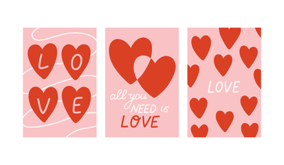Vector set of romantic cards with decorative hearts and handwritten love quotes. Cute Valentine designs in soft pink and red, perfect for greeting cards, prints, and gifts.