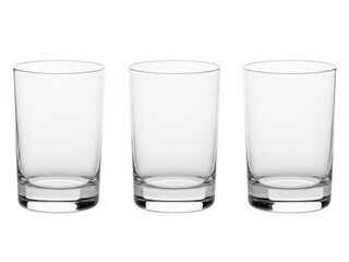 Set of three clear glass tumblers isolated on transparent background