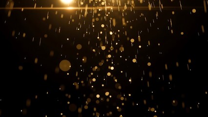 Golden rain of falling particles and glowing bokeh lights against a dark black background