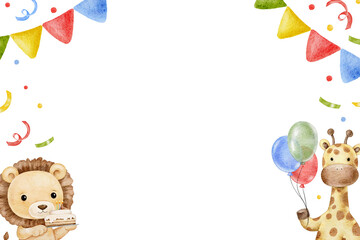 Fototapeta premium Watercolor cute hand drawn horizontal frame for Birthday decor, celebrating safari animals zebra and giraffe, confetti, party vibe. For invitations, greeting card, banner