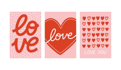 Vector set of romantic cards with decorative hearts and handwritten love quotes. Cute Valentine designs in soft pink and red, perfect for greeting cards, prints, and gifts.