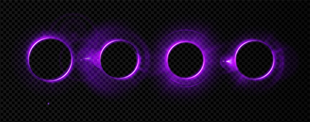 Halo light purple flare aura circle fantasy neon 3d space. Abstract orb with bright glow and electric energy for a digital tech background. Shine through dark smoke with sparkle effect.