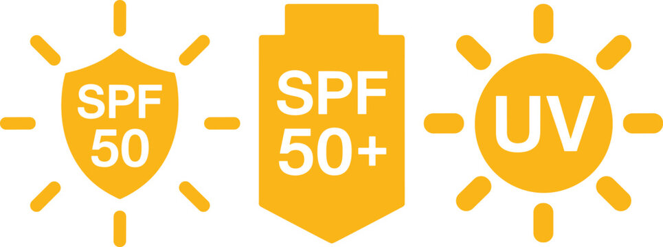 Yellow sun with S P F 50 and U V labels SPF 50 SPF 50