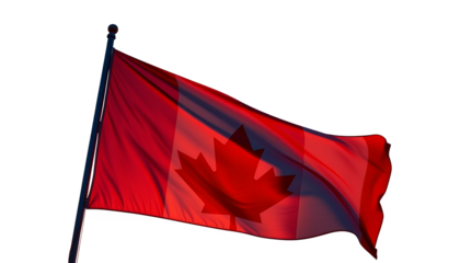 The Canadian flag is flying on a flagpole against a black background on transparent background