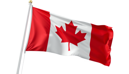 The Canadian flag is waving on a silver flagpole against a transparent background