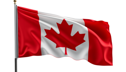 The Canadian flag is waving on a silver flagpole against a transparent background
