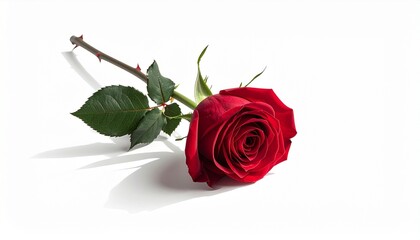 A single red rose with green leaves and stem casting a shadow on a white background