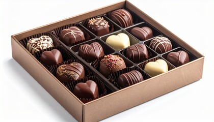 A delightful collection of gourmet chocolates in various shapes and flavors, elegantly presented in a luxurious gift box, perfect for indulging or a thoughtful present