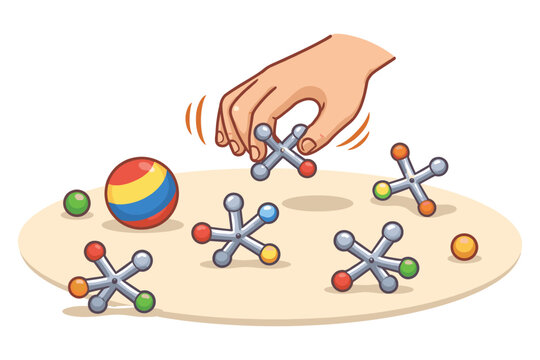 Hand picking up classic jacks and colorful ball game scene on white background