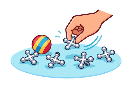 Hand picking game pieces with colorful ball on blue surface