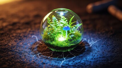 A glowing miniature ecosystem encapsulated within a glass orb on a mysterious dark surface