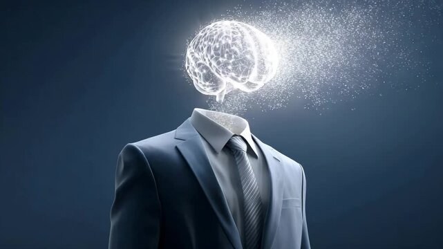 Businessman with glowing brain and particles on dark blue background