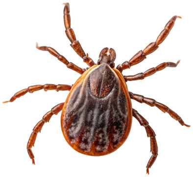 Highly detailed macro photograph of a fully engorged brown dog tick, displaying a glossy chitinous exoskeleton and eight segmented legs extended outwards,, isolated on transparent background.