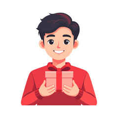 Young Man Smiling and Holding a Pink Gift Box with Red Ribbon